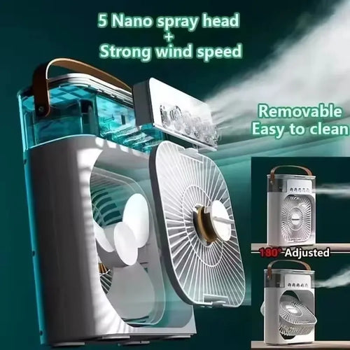 4-in-1 Portable Mist Air Cooler Fan โ 600ml USB Type-C Mini AC Humidifier with LED Light