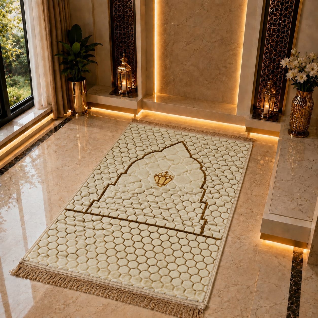 An Islamic prayer rug with a cream and gold pattern, displayed on a polished marble floor in a luxurious, warmly lit interior setting.