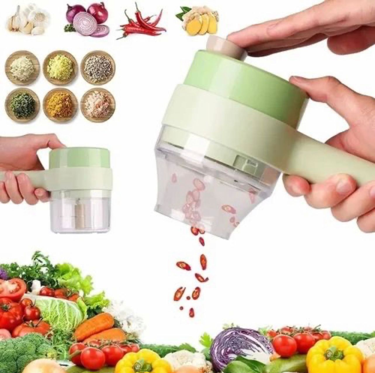 Wonder Mart 4-in-1 Electric Handheld Vegetable Cutter – Chopper, Spiral Slicer, Garlic Press & Food Processor
