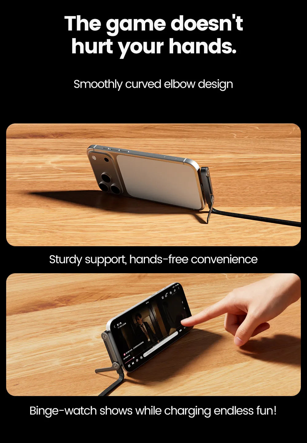 65W Fast Charging USB-C Cable with Built-in Foldable Phone Stand | Braided 2-in-1 Invisible Holder Charger Cable | 1.5M Type-C Fast Charge & Data Sync Cable