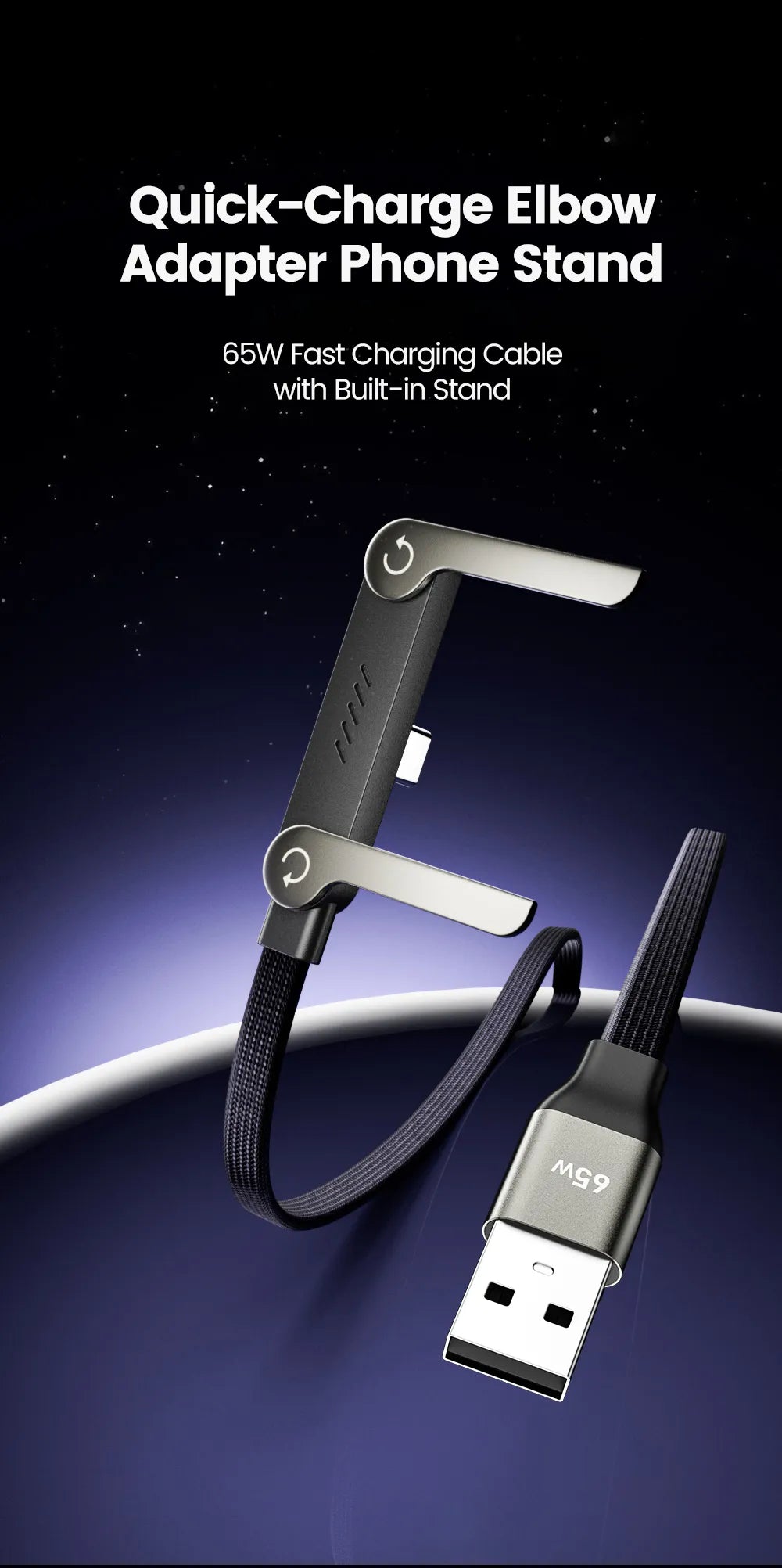 65W Fast Charging USB-C Cable with Built-in Foldable Phone Stand | Braided 2-in-1 Invisible Holder Charger Cable | 1.5M Type-C Fast Charge & Data Sync Cable