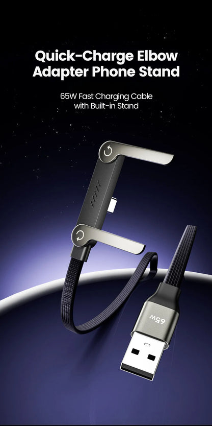 65W Fast Charging USB-C Cable with Built-in Foldable Phone Stand | Braided 2-in-1 Invisible Holder Charger Cable | 1.5M Type-C Fast Charge & Data Sync Cable