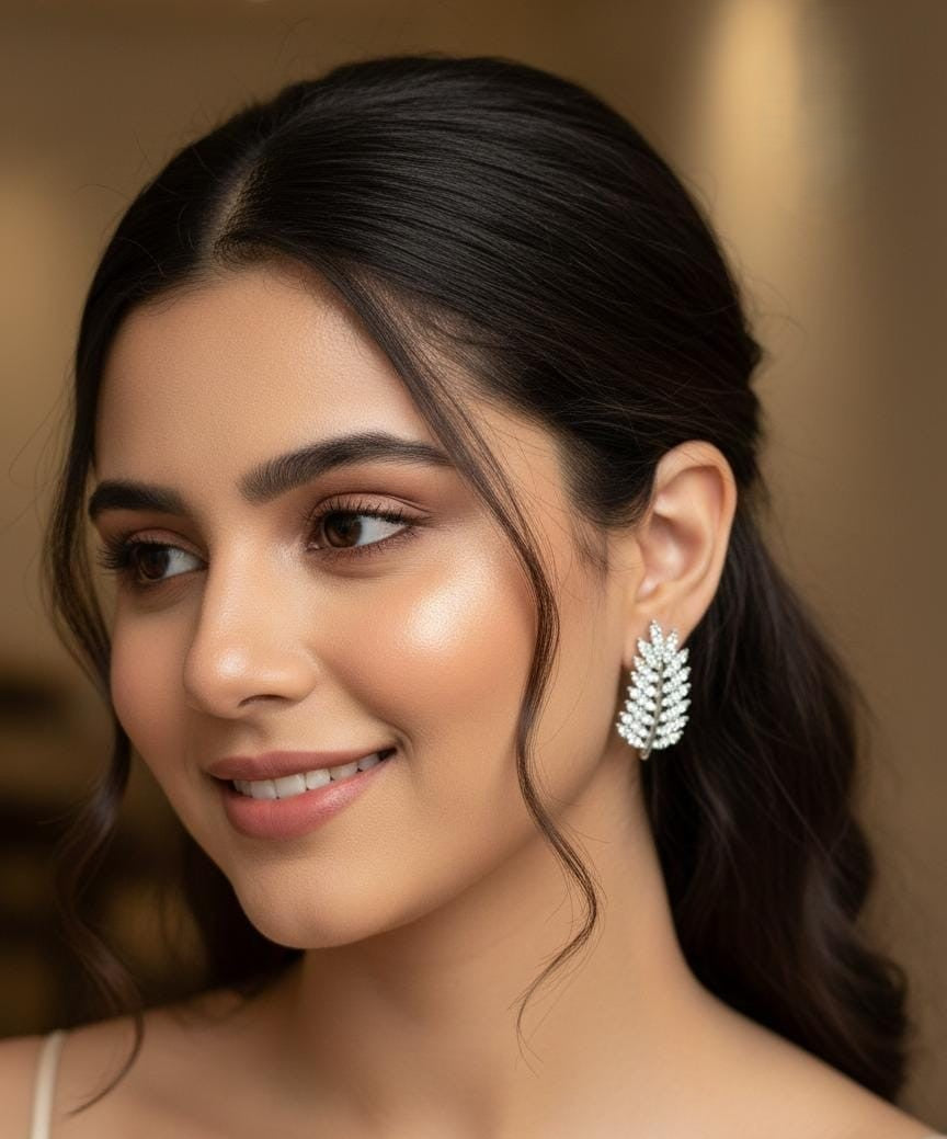 Royal Premium Gold & Silver Plated Wheat Leaf Studs – Elegant Lightweight Earrings | Silver & Champagne | Rs. 2100 Only