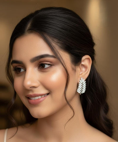 Royal Premium Gold & Silver Plated Wheat Leaf Studs – Elegant Lightweight Earrings | Silver & Champagne | Rs. 2100 Only
