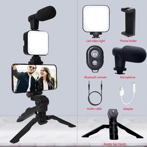 AY-49 Professional Smartphone Vlogging Kit with Mic, LED Light & Mini Tripod