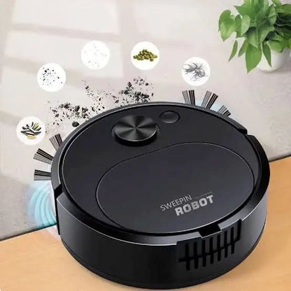 Black robot vacuum cleaner on a wooden surface with icons showing collected debris.