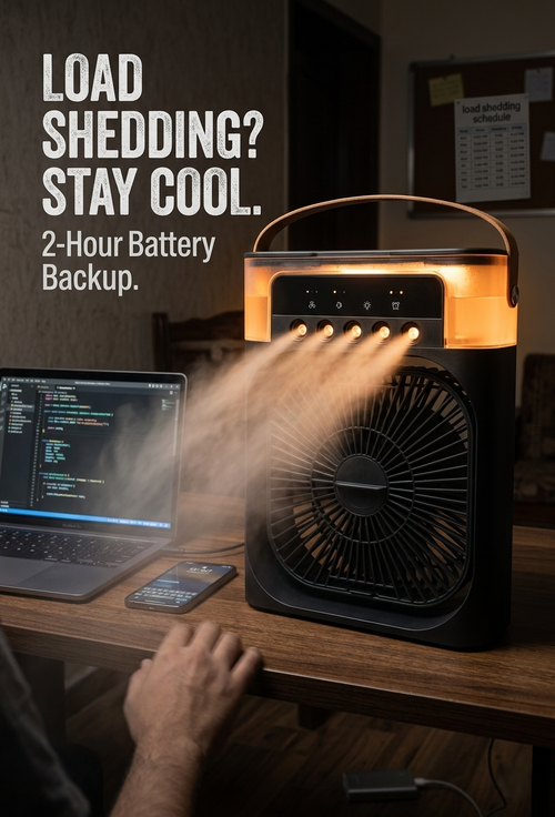 4-in-1 Rechargeable Portable Air Cooler Fan with Mist Humidifier & Night Light – Battery Backup for Load Shedding