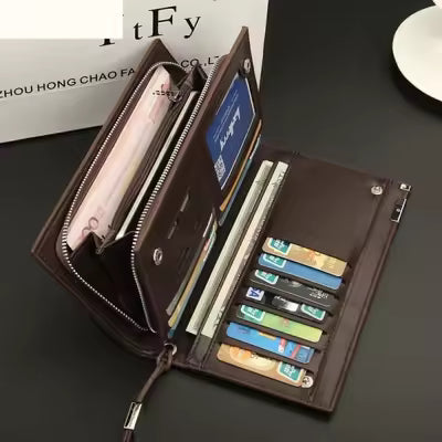 Baellery Men's Long Leather Clutch Wallet with Zipper | Large Capacity Multi Card Holder Purse