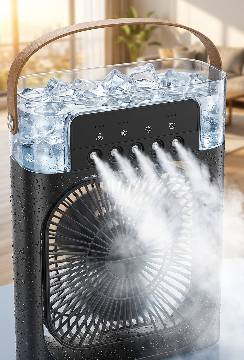 4-in-1 Rechargeable Portable Air Cooler Fan with Mist Humidifier & Night Light – Battery Backup for Load Shedding