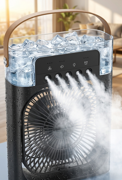 4-in-1 Rechargeable Portable Air Cooler Fan with Mist Humidifier & Night Light – Battery Backup for Load Shedding