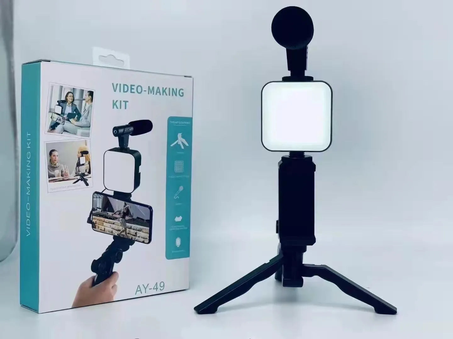 AY-49 Professional Smartphone Vlogging Kit with Mic, LED Light & Mini Tripod