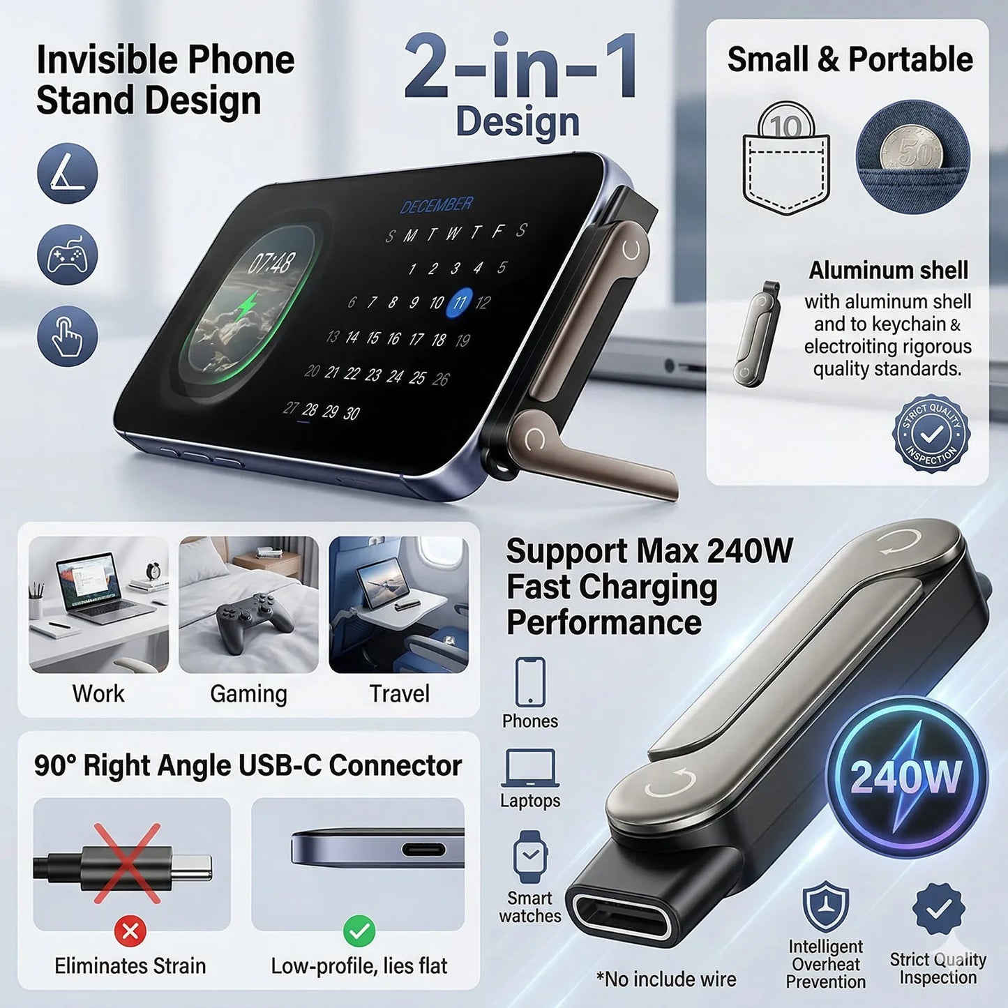 65W Fast Charging USB-C Cable with Built-in Foldable Phone Stand | Braided 2-in-1 Invisible Holder Charger Cable | 1.5M Type-C Fast Charge & Data Sync Cable