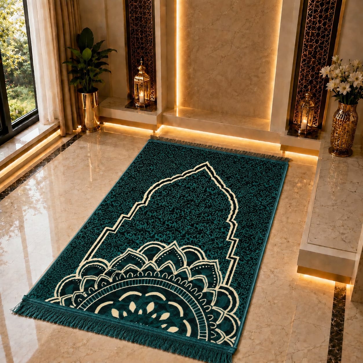 A rectangular teal prayer rug with cream geometric arch and mandala patterns, laid out on a polished marble floor in a warmly lit mosque or prayer hall.