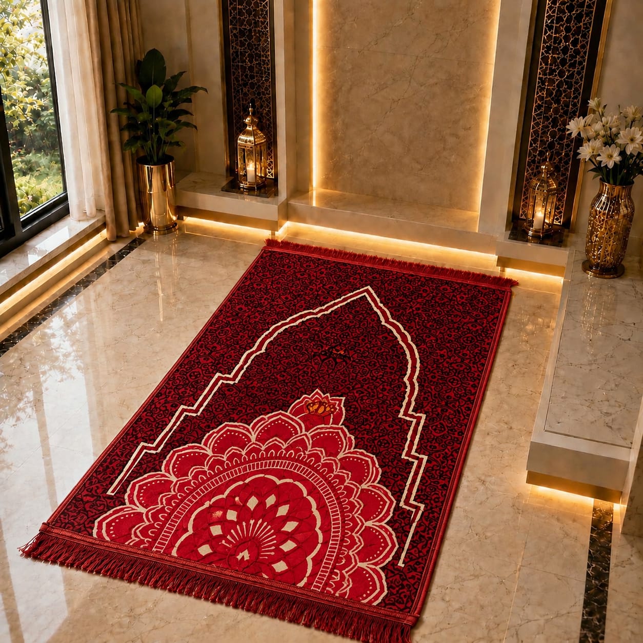 A rectangular red prayer rug with intricate cream and white arch and mandala patterns, laid out on a polished beige marble floor in a luxurious interior setting.