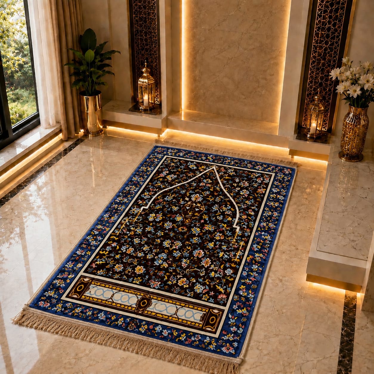A rectangular Islamic prayer rug with a floral pattern, displayed on a polished marble floor in a luxurious, warmly lit room.