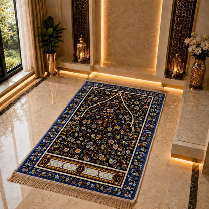 A rectangular Islamic prayer rug with a floral pattern, displayed on a polished marble floor in a luxurious, warmly lit room.
