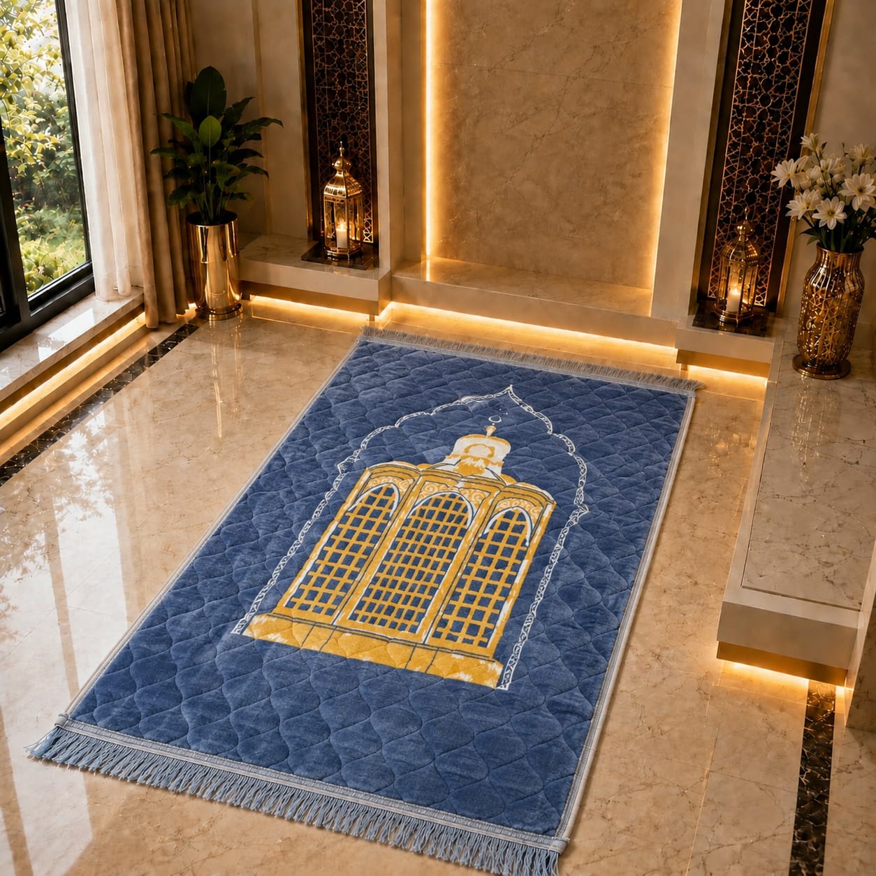 A blue rectangular prayer rug with a gold and white mosque design and fringe, displayed on a polished marble floor in a luxurious, warmly lit interior setting.