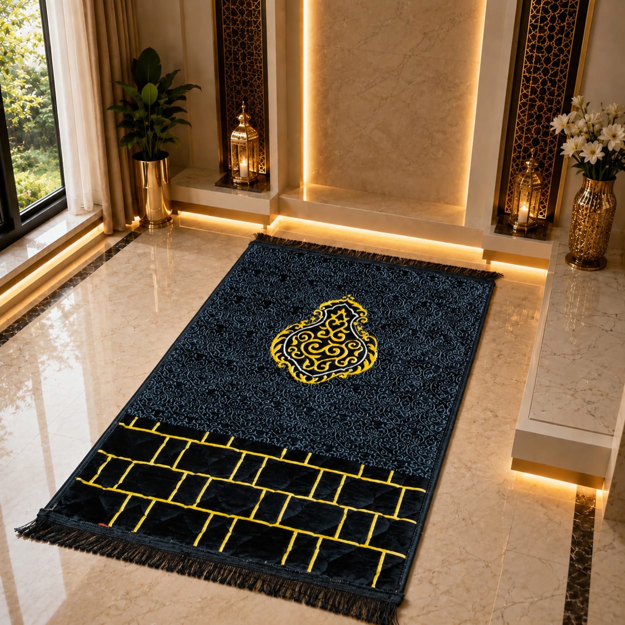 A dark navy blue prayer rug with gold embroidered details, including a central geometric motif and a brick-pattern border, displayed on a polished marble floor in a luxurious interior setting.