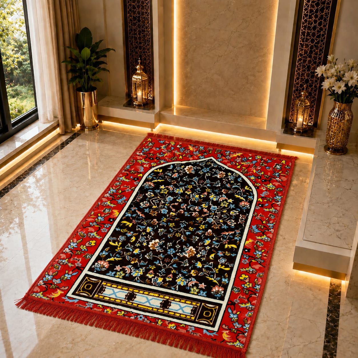 A rectangular prayer rug with a red floral border and a black central field decorated with multicolored floral motifs, placed on a polished marble floor in a luxurious interior setting.
