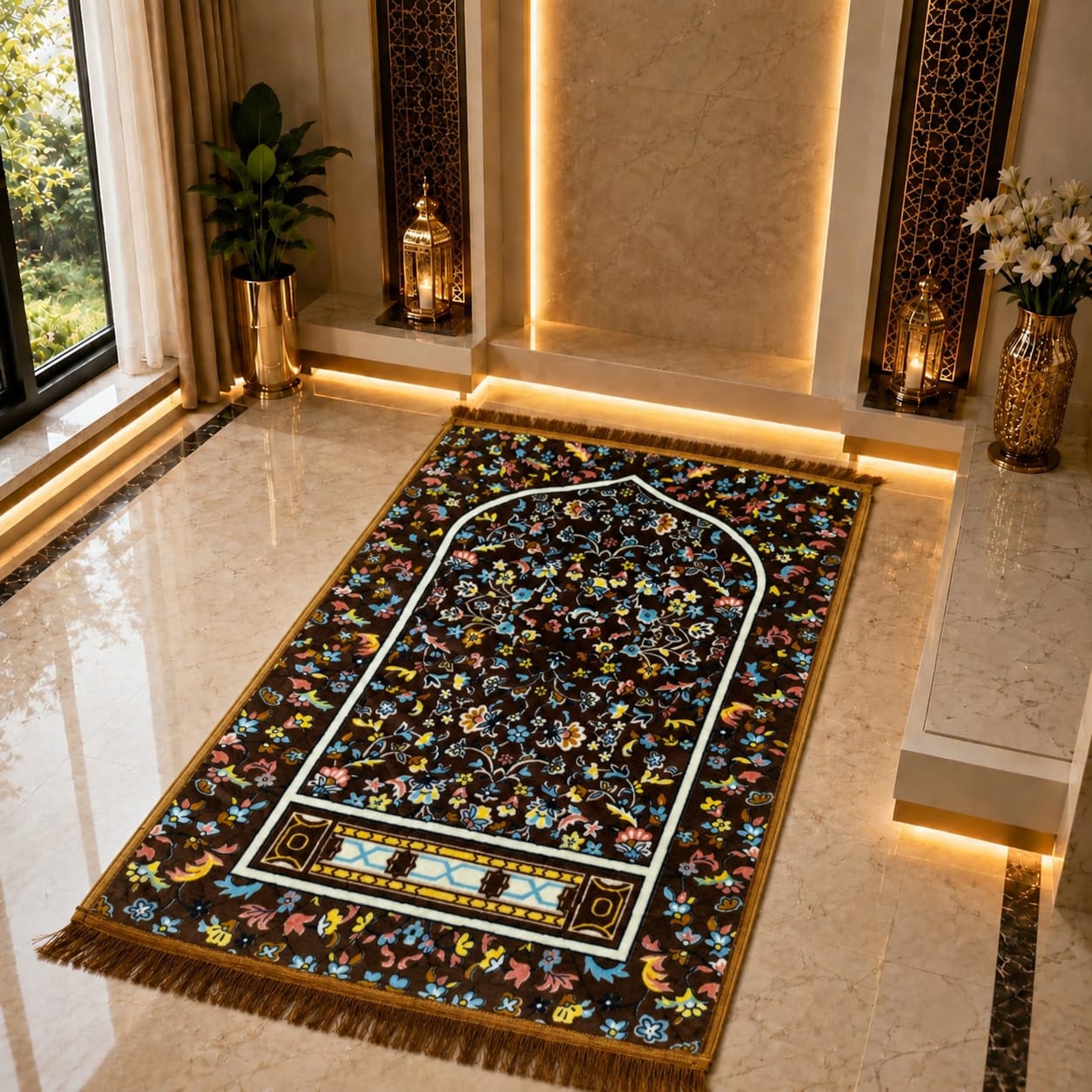 A rectangular Islamic prayer rug with a black background, colorful floral pattern, and white arch design, displayed on a polished marble floor in a luxurious interior setting.