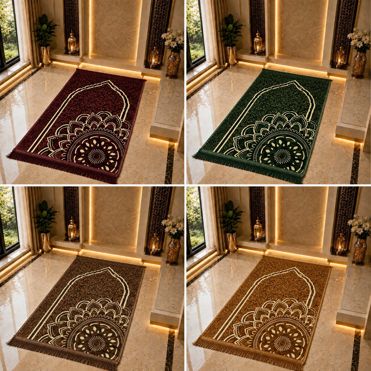 Four rectangular prayer rugs shown in a 2x2 grid, each in a different color: burgundy, dark green, brown, and tan. Each rug features an ornate arch and mandala pattern in a contrasting light color.