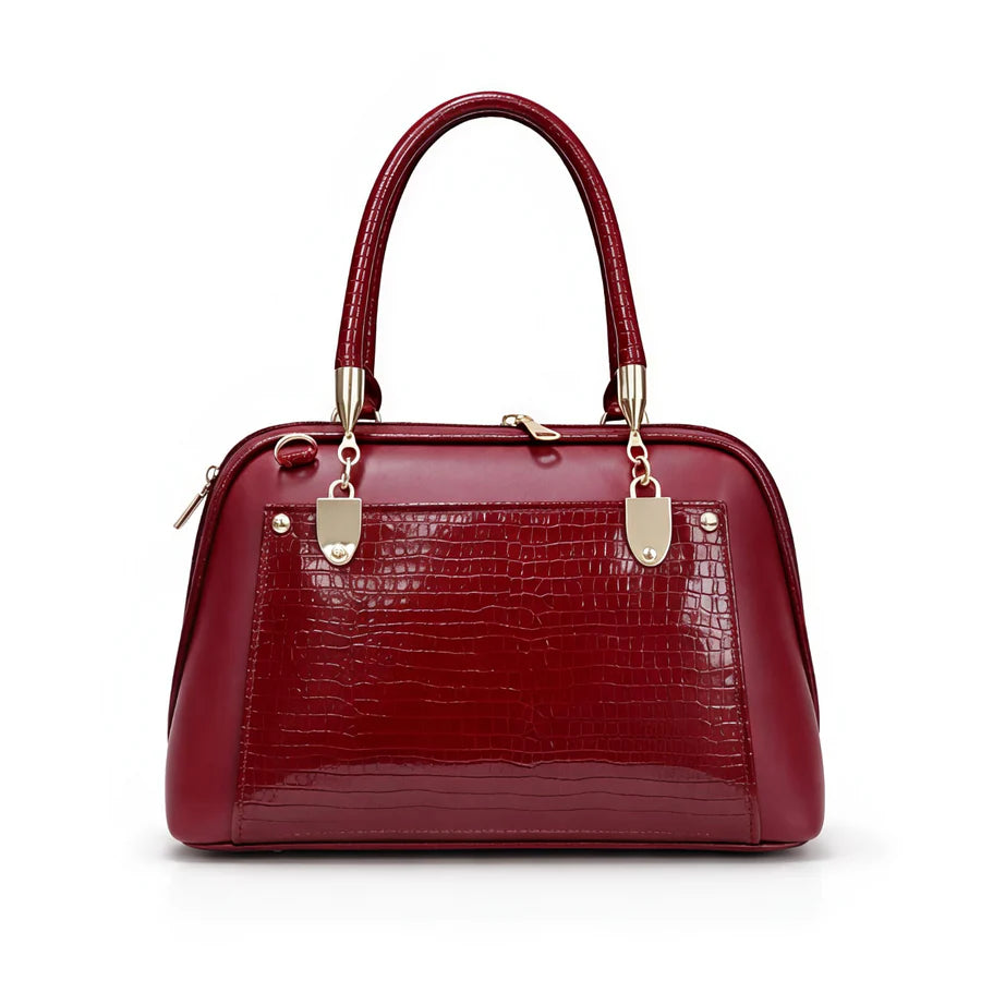 Aura Luxe Patent Box Bag - Structured ladies handbag in glossy patent faux leather with top handle....