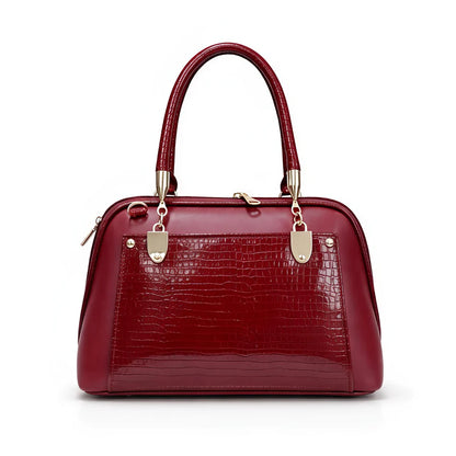 Aura Luxe Patent Box Bag - Structured ladies handbag in glossy patent faux leather with top handle....