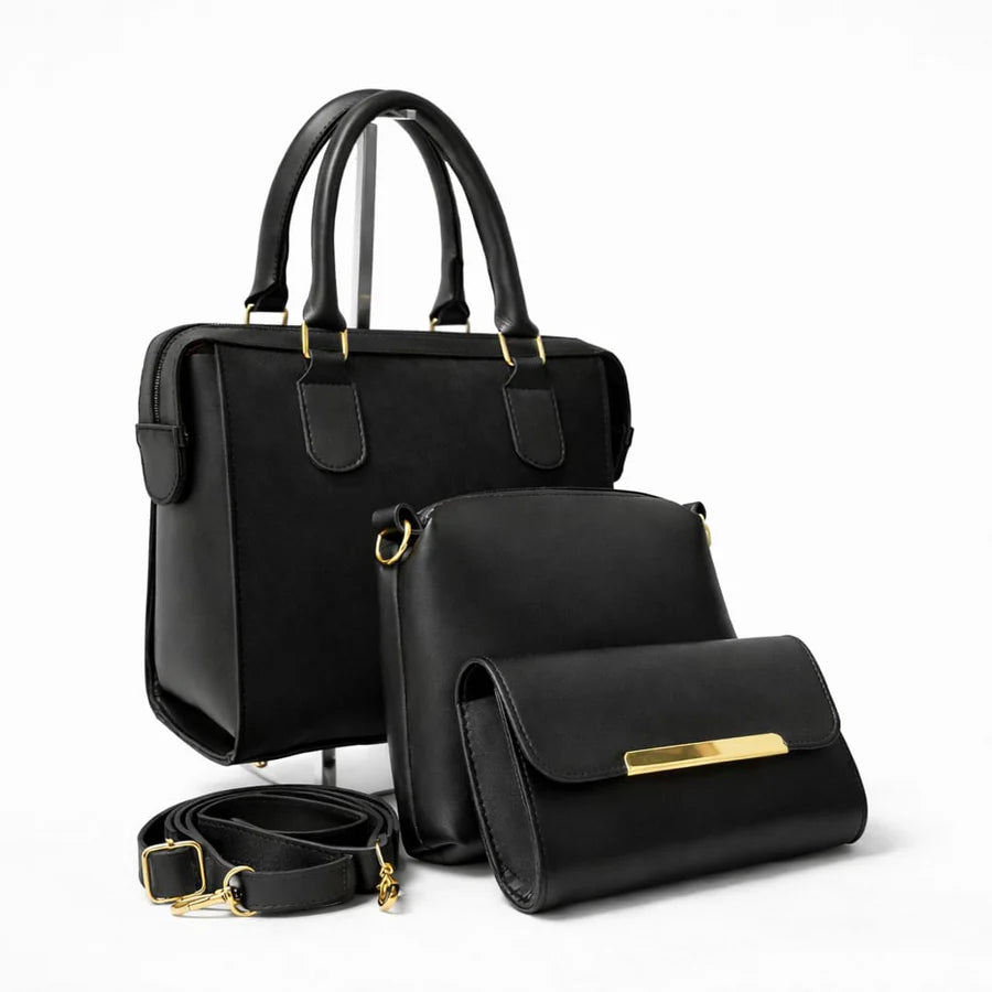 Black 3-piece designer handbag set with premium stitching and gold hardware.