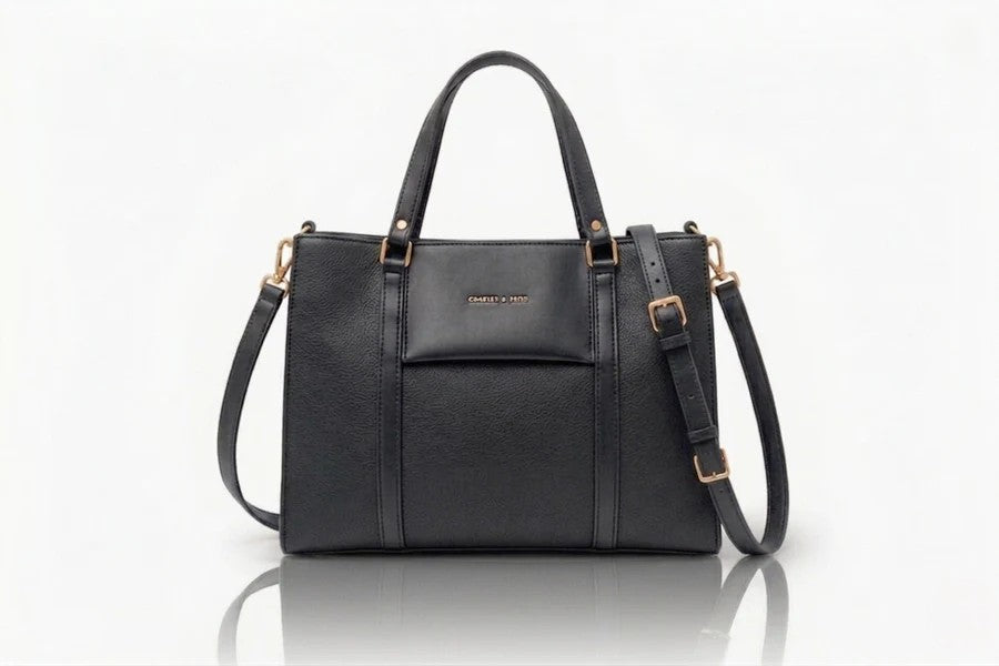 Black ladies handbag structured office tote bag with crossbody strap front view