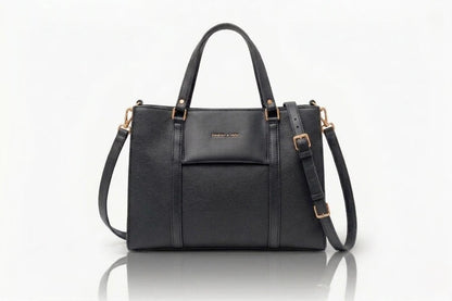 Black ladies handbag structured office tote bag with crossbody strap front view