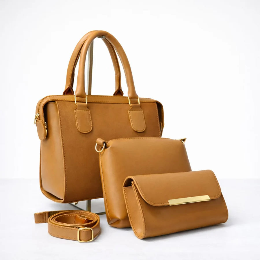 Brown 3-piece designer handbag set with premium stitching and gold hardware.