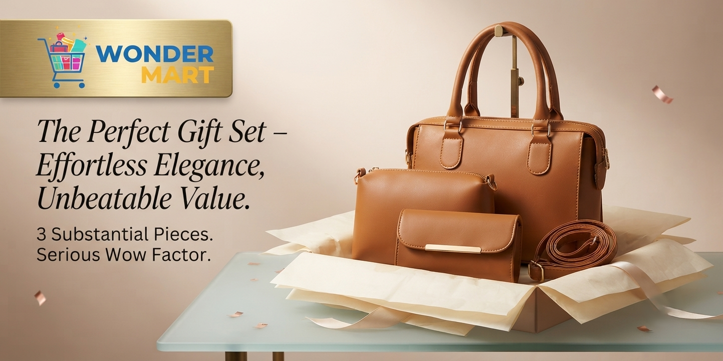 Brown 3-piece ladies handbag set featuring large tote, crossbody bag, and pouch.