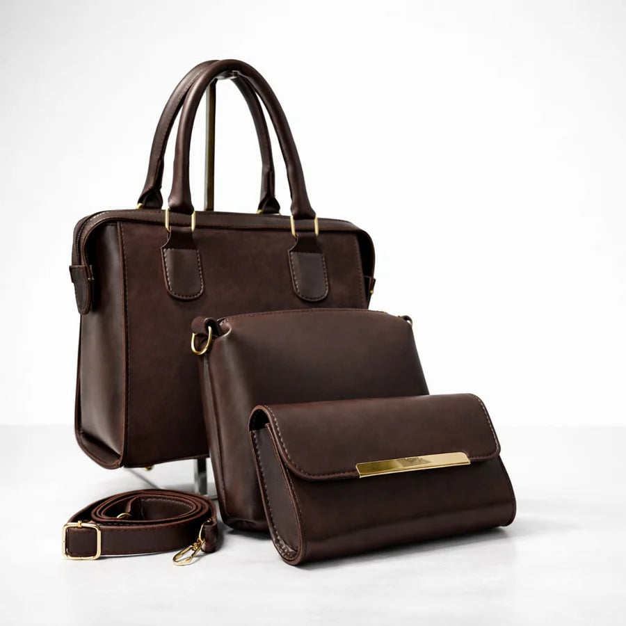  Burgandy 3-piece designer handbag set with premium stitching and gold hardware.