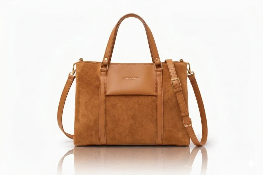 Camel tan suede ladies handbag with adjustable long shoulder strap