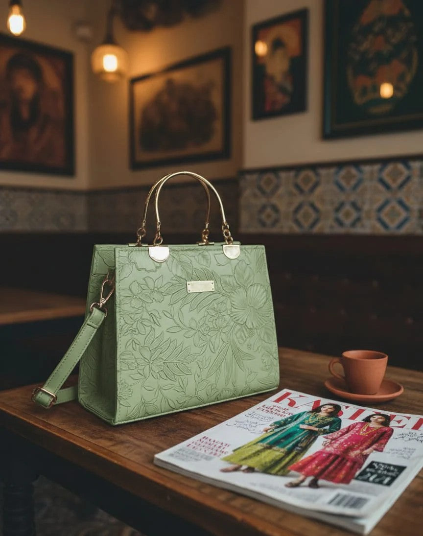 "Close-up of scratch-resistant faux leather and premium gold hardware on Wonder Mart handbag"