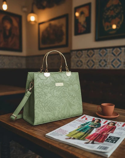 "Close-up of scratch-resistant faux leather and premium gold hardware on Wonder Mart handbag"