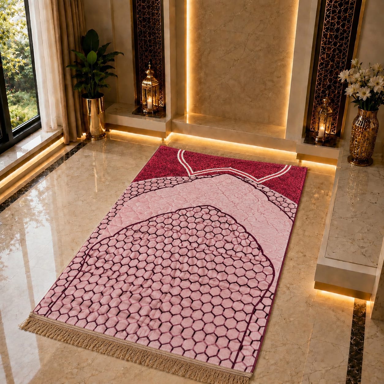 A rectangular prayer rug with a pink and burgundy Islamic arch pattern and beige fringe, displayed on a polished marble floor in a luxurious, warmly lit mosque or prayer hall.