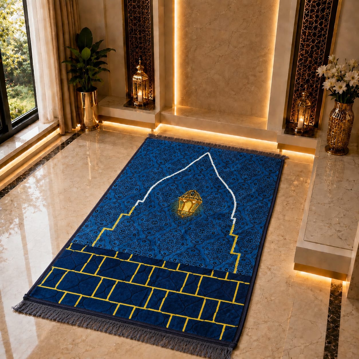 A rectangular blue prayer rug with a mosque arch design, gold lantern motif, and fringe edges, displayed on a polished marble floor in a decorated interior space.