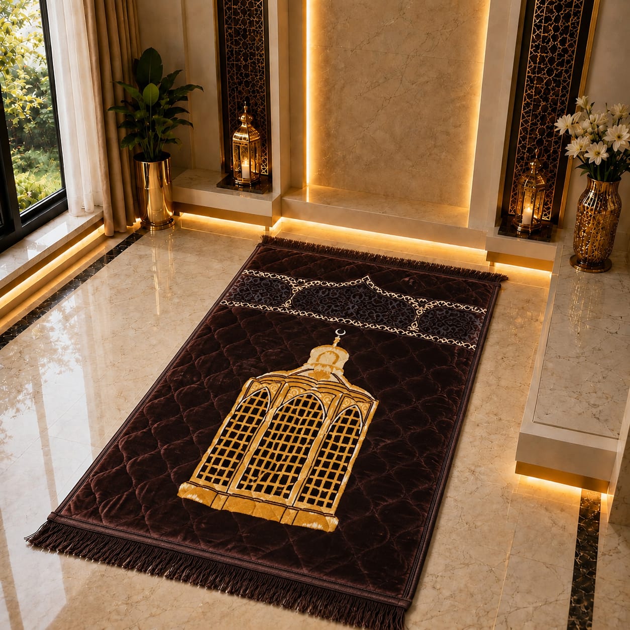 A dark brown and black prayer rug with a large gold mosque dome design in the center, displayed on a polished marble floor in a luxurious, warmly lit interior.