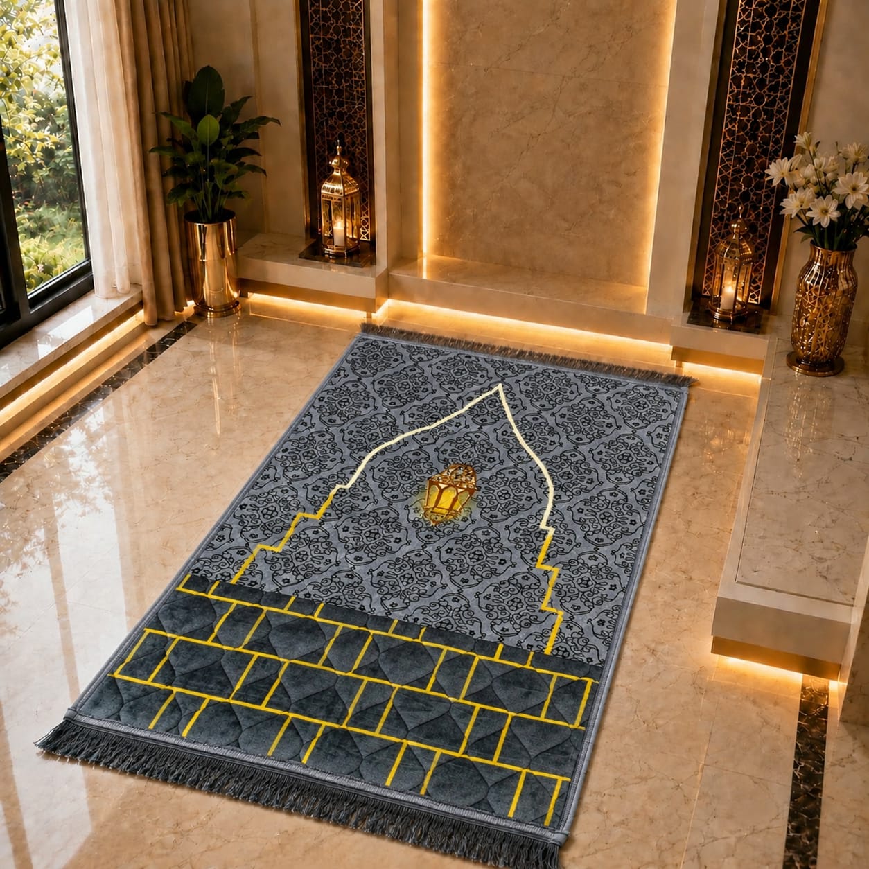 A rectangular prayer rug with a gray and blue Islamic pattern, featuring a central white arch, a gold lantern motif, and yellow grid lines, displayed on a polished marble floor in a luxurious interior setting.