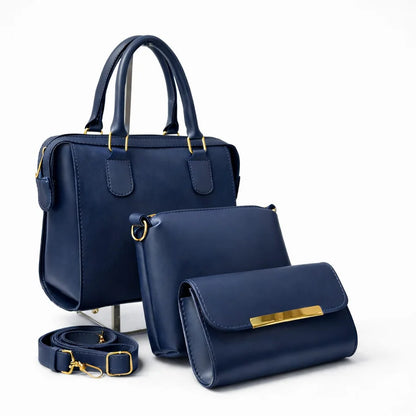 Dark Blue 3-piece designer handbag set with premium stitching and gold hardware.
