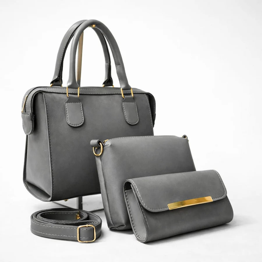 Dark Grey 3-piece designer handbag set with premium stitching and gold hardware.