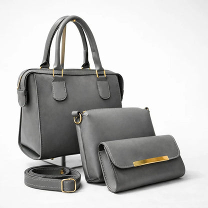 Dark Grey 3-piece designer handbag set with premium stitching and gold hardware.