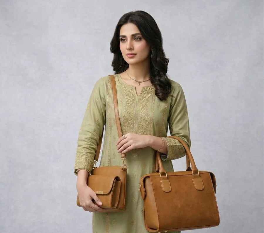Dark brown Zipzap Royale luxury 3-piece handbag collection for women.