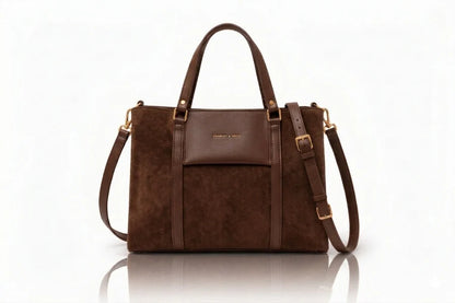 Dark brown suede ladies handbag and office tote bag for women