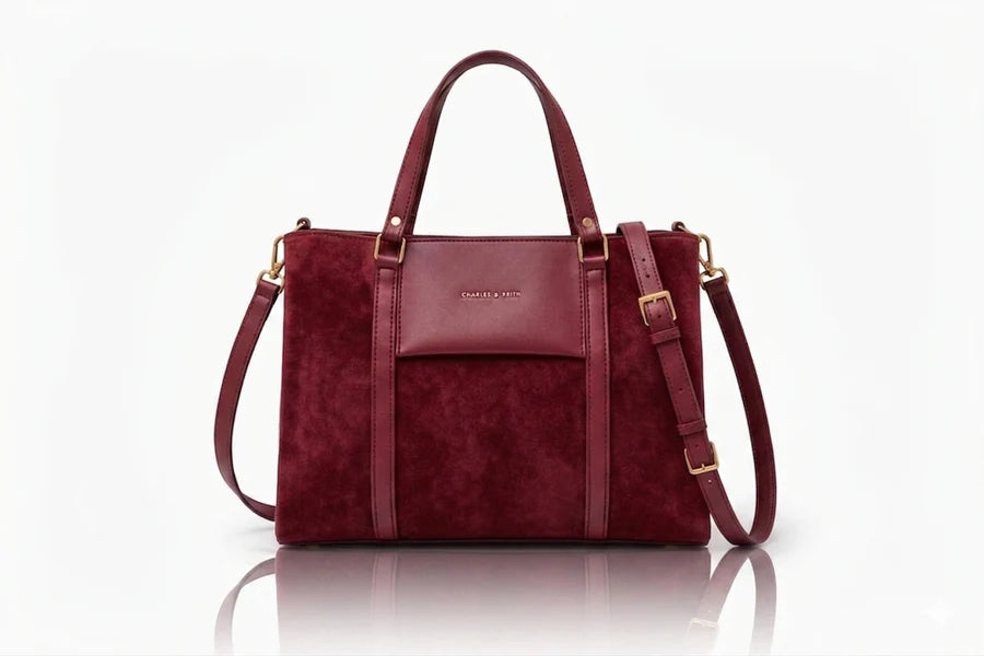Deep red suede structured ladies purse and work tote bag