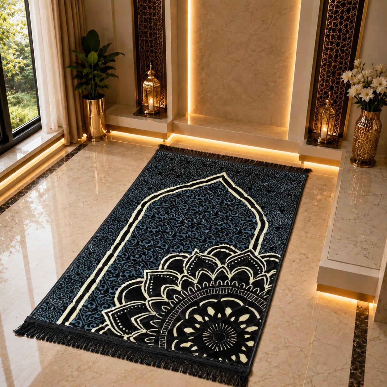 A rectangular prayer rug with a dark navy blue background, cream arch motif, and large cream mandala design near the bottom, shown on a polished beige marble floor in a decorated interior.