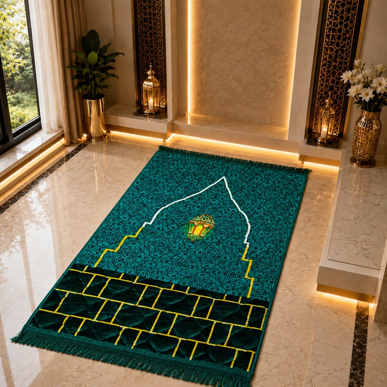 A rectangular teal prayer rug with a mosque arch design, gold and white line details, and a dark green patterned lower section, displayed on a polished marble floor in a luxurious interior setting.