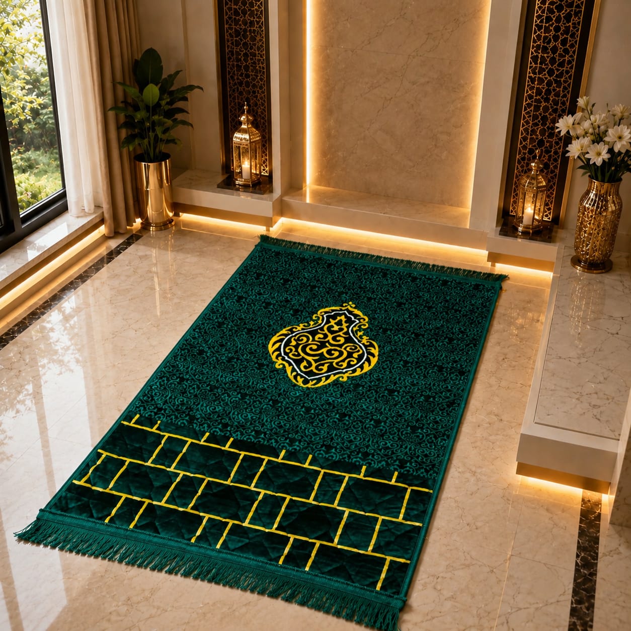 A dark green rectangular prayer rug with yellow geometric border details and a central medallion, displayed on a polished marble floor in a luxurious interior setting.