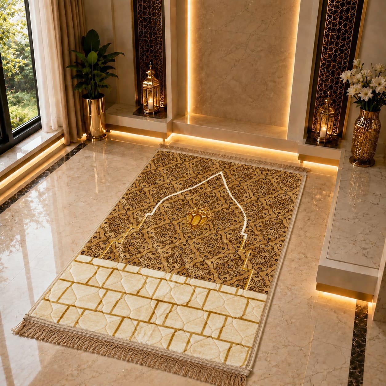 A rectangular prayer rug with a gold and beige Islamic geometric pattern and white mihrab design, displayed on a polished marble floor in a luxurious, warmly lit room.